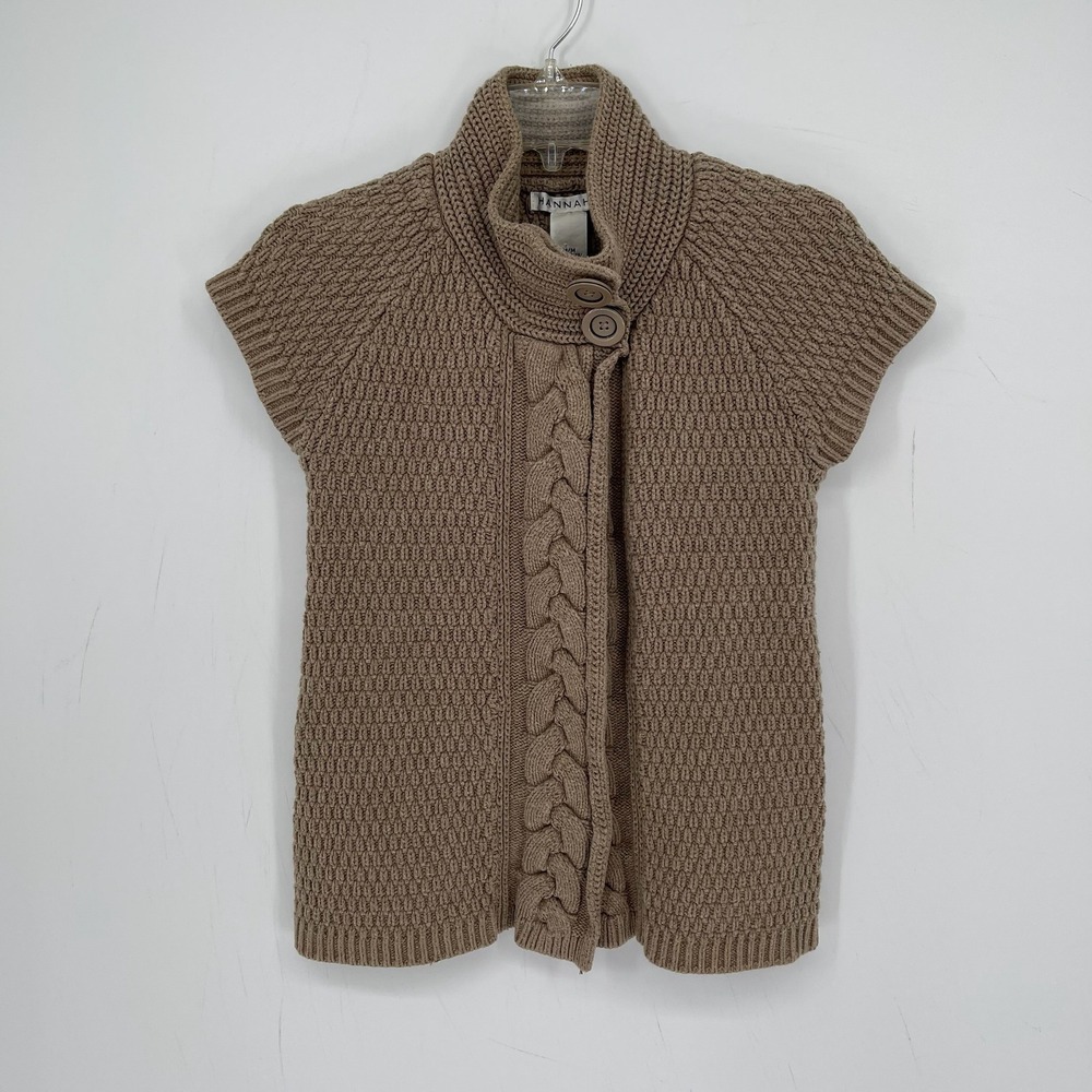 Hannah Women's Beige Cable Knit Short Sleeve Cardigan Sweater Size Medium